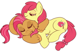 Size: 673x455 | Tagged: safe, artist:lulubell, apple bloom, babs seed, earth pony, pony, g4, cuddling, female, incest, lesbian, ship:appleseed, shipping, simple background, snuggling, transparent background