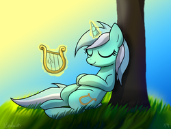 Size: 1626x1227 | Tagged: safe, artist:dawnmistpony, lyra heartstrings, pony, unicorn, g4, female, leaning back, lyre, sleeping, solo, tree