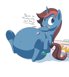 Size: 1800x2000 | Tagged: safe, artist:anonopony, oc, oc only, oc:anonopony, pony, unicorn, belly, belly button, big belly, dialogue, endosoma, fat, fat fetish, feather, fetish, gentle pred, male, non-fatal vore, safe vore, talking to viewer, underhoof, vore, willing prey, willing vore, wiping