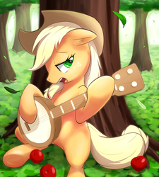 Size: 810x900 | Tagged: safe, artist:aymint, applejack, earth pony, pony, g4, apple, banjo, female, floppy ears, freckles, hat, mare, musical instrument, open mouth, sitting, solo, tree, underhoof