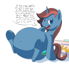 Size: 1800x2000 | Tagged: safe, artist:anonopony, oc, oc only, oc:anonopony, pony, unicorn, belly, belly button, big belly, dialogue, fat, fat fetish, fetish, gentle pred, male, non-fatal vore, safe vore, soft vore, solo, talking to viewer, underhoof, vore
