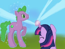 Size: 1024x768 | Tagged: safe, artist:cobralash, spike, twilight sparkle, g4, duo, ponified, species swap