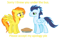 Size: 1236x794 | Tagged: safe, artist:bronybyexception, soarin', spitfire, pegasus, pony, g4, rainbow falls, apology, duo, female, male, old cutie mark, pie, ship:soarinfire, shipping, show accurate, simple background, straight, transparent background, vector