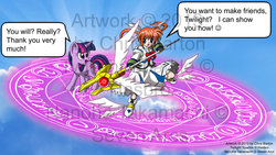 Size: 3265x1837 | Tagged: safe, artist:thedesertkitsune, twilight sparkle, human, g4, crossover, impending doom, magic circle, magical girl lyrical nanoha, takamachi nanoha, watermark