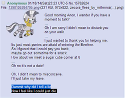 Size: 471x372 | Tagged: safe, zecora, zebra, g4, /mlp/, 4chan, 4chan screencap, anon in equestria, greentext, meta, rejection, rejection is magic, rhyme, sad, text