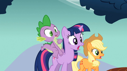 Size: 1054x592 | Tagged: safe, screencap, applejack, spike, twilight sparkle, dragon, earth pony, pony, unicorn, a dog and pony show, g4, my little pony: friendship is magic, season 1, dragons riding ponies, female, horn, male, riding, spike riding twilight, trio, unicorn twilight, wingless spike