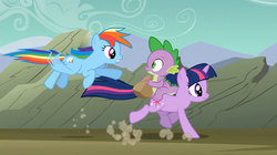 Size: 1054x592 | Tagged: safe, screencap, rainbow dash, spike, twilight sparkle, dragon, pony, a dog and pony show, g4, dragons riding ponies, paper bag, riding, spike riding twilight