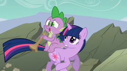 Size: 1054x592 | Tagged: safe, screencap, spike, twilight sparkle, dragon, pony, a dog and pony show, g4, dragons riding ponies, hyperventilating, paper bag, riding, spike riding twilight