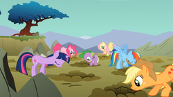 Size: 1054x592 | Tagged: safe, screencap, applejack, fluttershy, pinkie pie, rainbow dash, spike, twilight sparkle, a dog and pony show, g4