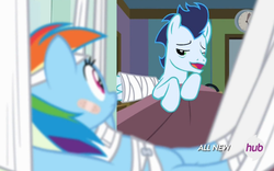 Size: 745x465 | Tagged: safe, rainbow dash, soarin', g4, rainbow falls, faic, great moments in animation, hospital, injured