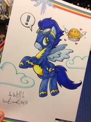 Size: 852x1136 | Tagged: safe, artist:katie cook, rainbow dash, soarin', g4, flying, heart, male, pie, solo, that pony sure does love pies, traditional art, wonderbolts uniform