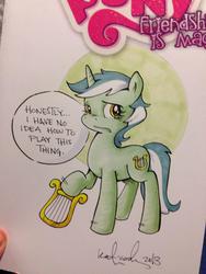 Size: 852x1136 | Tagged: safe, artist:katiecandraw, lyra heartstrings, g4, female, katie does it again, lyre, solo