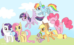 Size: 1024x625 | Tagged: safe, artist:igriega13, applejack, fluttershy, pinkie pie, rainbow dash, rarity, spike, twilight sparkle, alicorn, pony, g4, cute, eyes closed, female, mane seven, mane six, mare, open mouth, twilight sparkle (alicorn)