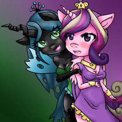 Size: 1000x1000 | Tagged: dead source, safe, artist:tommyjazz, princess cadance, queen chrysalis, alicorn, changeling, changeling queen, anthro, g4, cleavage, duo, female