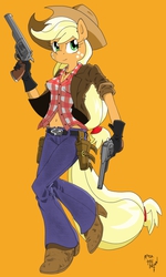 Size: 1896x3152 | Tagged: safe, artist:amostheartman, applejack, earth pony, anthro, plantigrade anthro, g4, dual wield, fallout, fallout: new vegas, female, gun, gunslinger, no trigger discipline, revolver, rose of sharon cassidy, simple background, solo, weapon