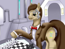 Size: 1032x774 | Tagged: safe, artist:brab777, doctor whooves, time turner, cyborg, g4, bowtie, chess, chessboard incorrectly oriented, clothes, doctor who, eleventh doctor, frock coat, male, mr clever, nightmare in silver, ponified, scene interpretation, shirt, solo, the doctor