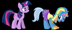 Size: 2050x856 | Tagged: safe, artist:rammbrony, artist:sircinnamon, edit, trixie, twilight sparkle, alicorn, pony, unicorn, g4, rainbow falls, black background, cheerleader, cheerleader trixie, clothes, eyes on the prize, female, lesbian, looking at butt, mare, presenting, ship:twixie, shipping, show accurate, simple background, skirt, twilight sparkle (alicorn), upskirt, vector
