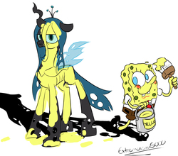 Size: 1436x1264 | Tagged: safe, artist:extremeasaur5000, queen chrysalis, g4, crossover, duo, male, paint, paint on chitin, queen chrysalis is not amused, spongebob squarepants, spongebob squarepants (character)