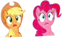 Size: 2435x1494 | Tagged: safe, artist:muffin mane, applejack, pinkie pie, g4, colored, duo, surprised, traditional art