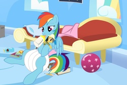 Size: 1068x719 | Tagged: source needed, safe, artist:craymin, rainbow dash, pegasus, pony, g4, adult foal, baby bottle, book, bottle, diaper, diaper fetish, female, fetish, mare, non-baby in diaper, pencil, plushie, poofy diaper, solo