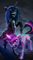 Size: 1620x2880 | Tagged: safe, artist:cmaggot, twilight sparkle, oc, g4, fangs, glowing horn, horn, mud, rain