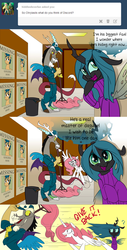 Size: 1280x2525 | Tagged: safe, artist:jokerpony, discord, princess celestia, queen chrysalis, ask teen chrysalis, g4, clothes, comic, janitor, morgan freeman, no tail, prank, sweater, tumblr, turtleneck