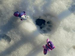 Size: 1383x1037 | Tagged: safe, artist:synch-anon, rarity, twilight sparkle, g4, irl, photo, snow, toy