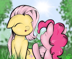 Size: 1700x1400 | Tagged: safe, artist:gromektwist, fluttershy, pinkie pie, g4, duo, female, lesbian, ship:flutterpie