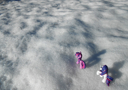 Size: 1358x950 | Tagged: safe, artist:synch-anon, rarity, twilight sparkle, g4, irl, photo, snow, toy