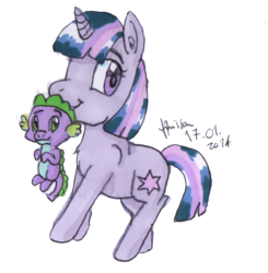 Size: 1016x1038 | Tagged: safe, artist:hollsterweelskitty, spike, twilight sparkle, g4, baby spike, duo, filly, filly twilight sparkle