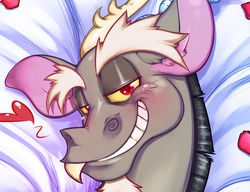 Size: 1041x800 | Tagged: safe, artist:0r0ch1, discord, draconequus, blushing, bust, cute, discute, fangs, grin, heart, looking at you, male, pillow, smiling, solo