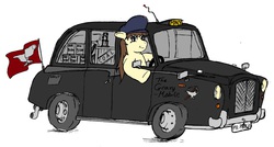 Size: 3126x1680 | Tagged: safe, oc, oc only, oc:pit pone, pony, bisto, britain, car, chubby, coal, england, fat, flag, gravy, hat, london, solo, taxi, tumblr