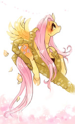 Size: 481x792 | Tagged: dead source, safe, artist:pasikon, discord, fluttershy, draconequus, pegasus, pony, g4, duo, female, flower petals, in goliath's palm, looking up, male, mare, ship:discoshy, shipping, size difference, spread wings, straight, wings