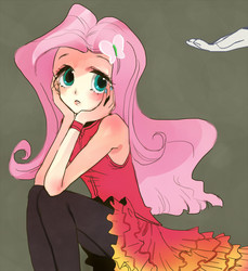 Size: 611x667 | Tagged: safe, artist:pasikon, fluttershy, human, g4, clothes, dress, female, humanized, solo