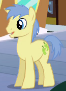 Size: 130x180 | Tagged: safe, screencap, goldengrape, sir colton vines iii, pony, unicorn, equestria girls, g4, my little pony equestria girls, animation error, background pony, blue eyes, blue hair, blue mane, blue tail, cropped, horn, male, race swap, solo, stallion, tail, yellow coat, yellow fur