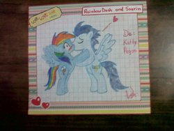 Size: 1024x768 | Tagged: safe, artist:twilightsparkle2000, rainbow dash, soarin', g4, blushing, female, kissing, male, ship:soarindash, shipping, straight, traditional art