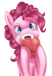 Size: 900x1305 | Tagged: safe, artist:nalenthi, pinkie pie, bats!, g4, apple, biting, drinking, fangs, female, juice, looking at you, solo