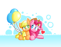 Size: 1280x989 | Tagged: safe, artist:uguponyships, applejack, pinkie pie, g4, accessory swap, balloon, cute, female, lesbian, ship:applepie, shipping