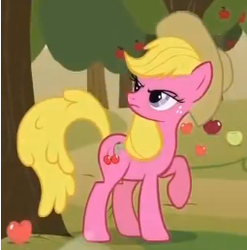 Size: 255x258 | Tagged: safe, screencap, cherry berry, pony, g4, over a barrel, alternate hairstyle, background pony, cowboy hat, cropped, female, freckles, hat, looking over shoulder, mare, raised hoof, solo, stetson