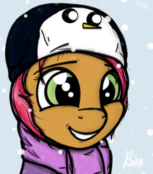 Size: 720x818 | Tagged: safe, artist:magicalhoney, babs seed, g4, adventure time, clothes, cute, female, gunter (adventure time), hat, male, scarf, snow, snowfall, solo