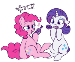 Size: 525x435 | Tagged: safe, artist:lulubell, pinkie pie, rarity, earth pony, pony, unicorn, g4, alcohol, blushing, dialogue, drunk, female, mare, open mouth, simple background, sitting, smiling, transparent background, wine