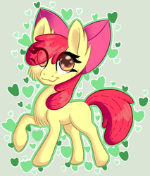 Size: 394x462 | Tagged: safe, artist:tami-kitten, apple bloom, earth pony, pony, g4, chest fluff, ear fluff, eye clipping through hair, female, filly, heart, looking up, smiling, solo