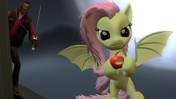 Size: 1366x768 | Tagged: safe, artist:fezwearingdoctor, fluttershy, bat pony, pony, bats!, g4, 3d, apple, flutterbat, gmod, race swap, sniper, sniper (tf2), team fortress 2