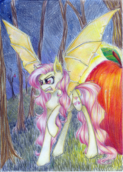 Size: 1600x2253 | Tagged: safe, artist:iceminth, fluttershy, bat pony, pony, bats!, g4, apple, fangs, female, flutterbat, night, race swap, solo, traditional art, tree