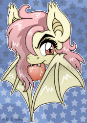 Size: 650x913 | Tagged: safe, artist:happykittyshop, fluttershy, bat pony, pony, bats!, g4, apple, eating, female, flutterbat, mouth hold, race swap, solo, thick eyebrows