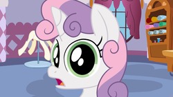 Size: 1280x720 | Tagged: safe, artist:broken-pen, sweetie belle, g4, d:, dilated pupils, female, frown, looking at you, open mouth, solo, tongue out, yours-yearly-sweetie-belle