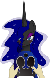 Size: 6443x10000 | Tagged: safe, artist:salemcat, artist:zev, nightmare moon, alicorn, human, pony, g4, :o, absurd resolution, bedroom eyes, blushing, comforting, crying, eyeshadow, female, helmet, lidded eyes, looking at you, makeup, mare, open mouth, pov, simple background, solo focus, transparent background, vector