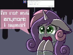 Size: 1280x960 | Tagged: safe, artist:scramjet747, sweetie belle, pony, robot, unicorn, g4, animated, crying, female, floppy ears, future sweetie bot, hooves, horn, mare, open mouth, solo, speech bubble, sweetie bot, sweetiebellesbandb, text, tumblr
