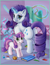 Size: 2500x3246 | Tagged: safe, artist:ratwhiskers, rarity, sweetie belle, g4, butt, cloth, gem, magic, measuring tape, mouth hold, needle, pin, plot, ribbon, scissors, sisters, thread