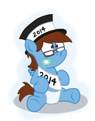Size: 1428x1810 | Tagged: safe, artist:sketchymouse, oc, oc only, pony, 2014, age regression, baby, baby pony, diaper, happy new year, hat, pacifier, solo, top hat